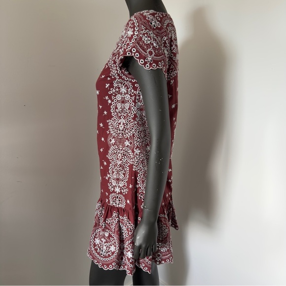 Anthropologie Feather Bone Burgundy & White Mini Dress XS - Picture 3 of 7
